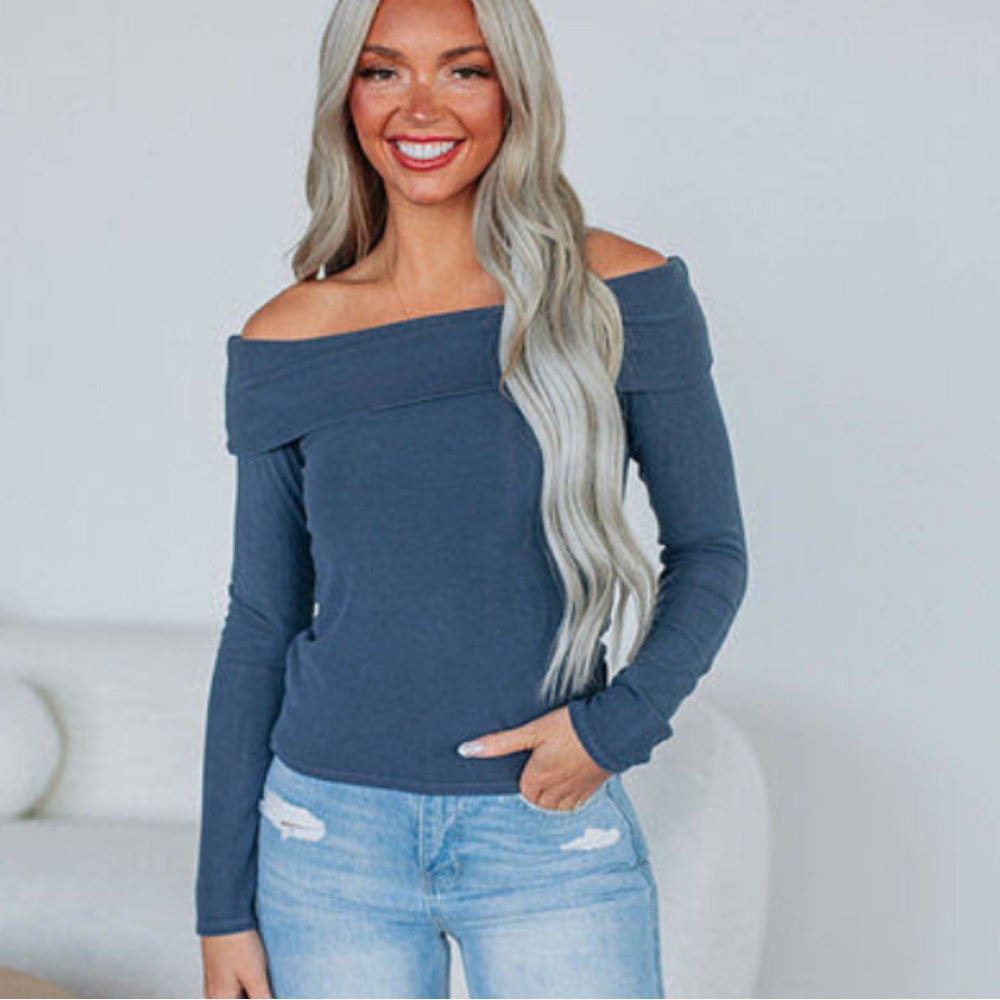 Women’s‎ Be Cool Blue Ribbed Off-the-Shoulder Top